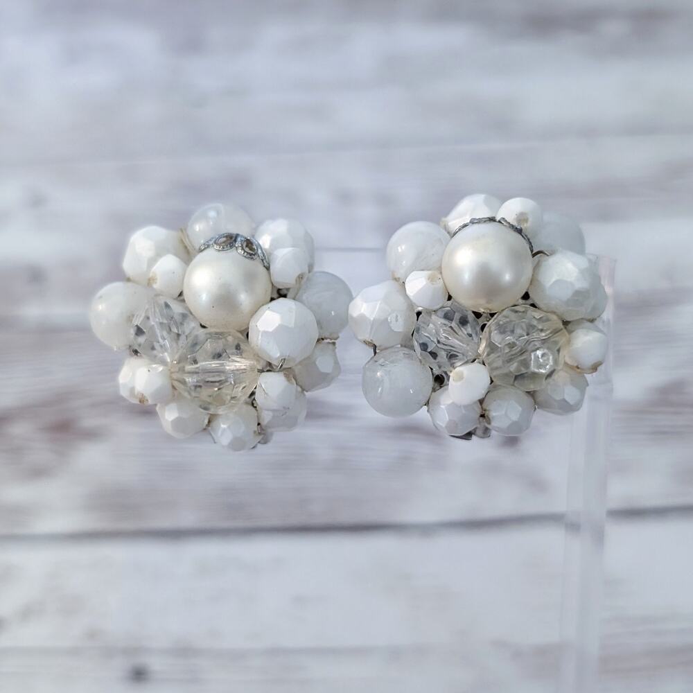 Vintage Clip On Earrings 1 & 1/8" Beaded Cluster Cream/Off White